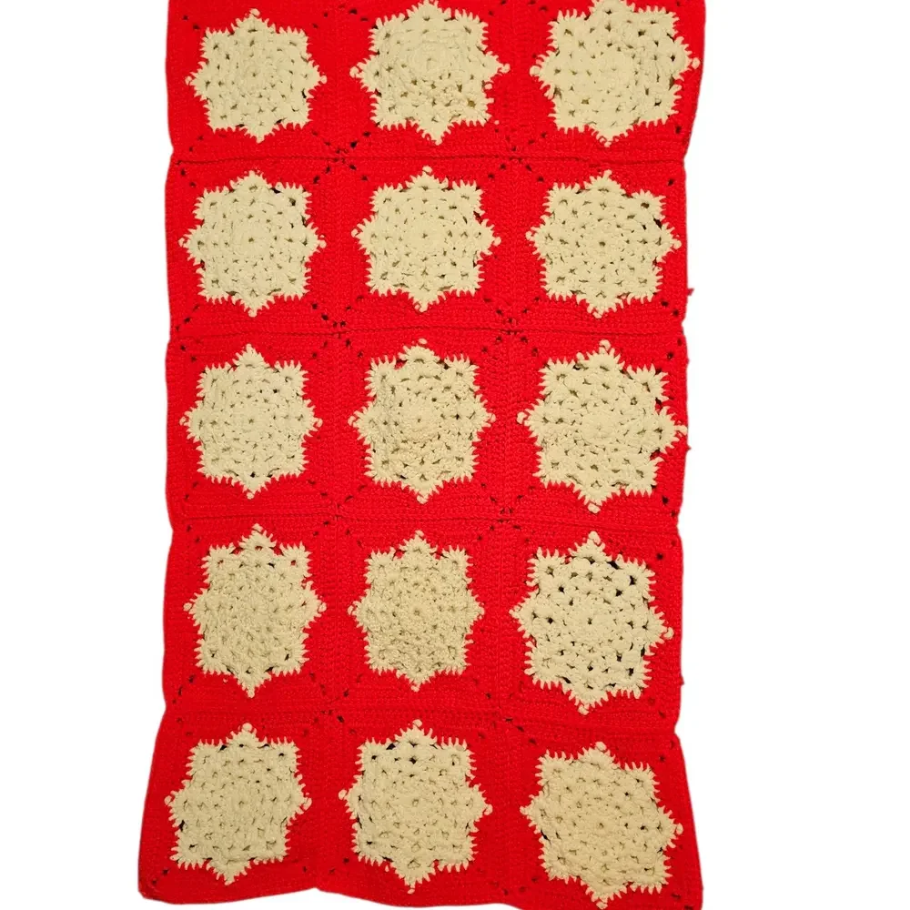 Handmade Crocheted Red and White Afghan 46